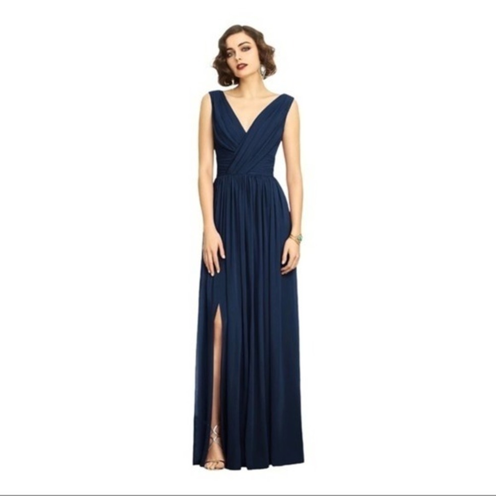 Dessy Collection Navy Blue V‑Neck Maxi Dress with Front Slit